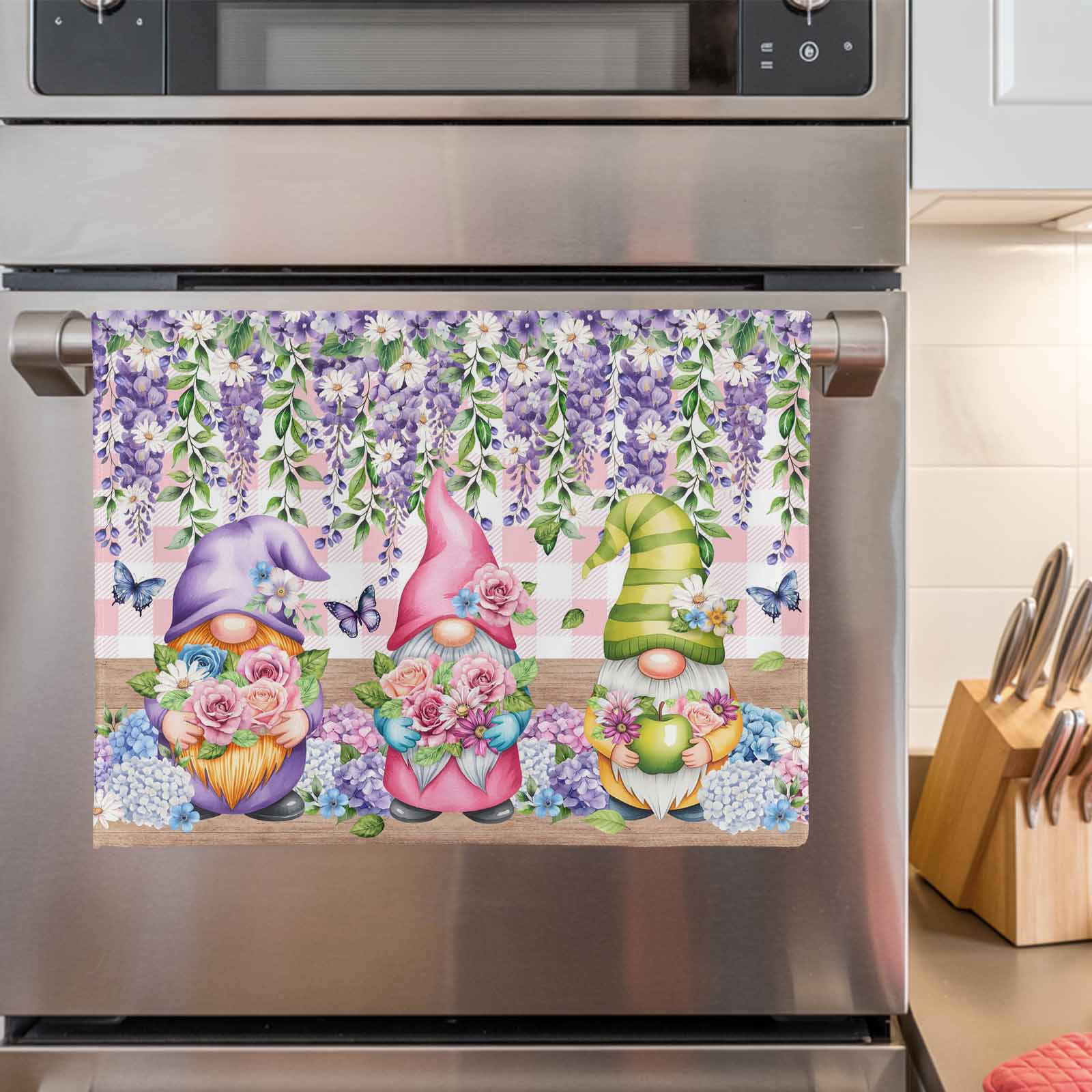 Blue Purple Gnomes Kitchen Towels Set of 3, Water Absorbent Dish Towel, Spring Hydrangea Flower Leaf Pink Plaid Decorative Hand Towels - Quick Drying Cloth for Cooking Baking, 18x28 Inch