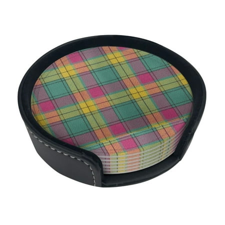 

Round Pu Leather Coaster Macmillan Old Tartan Heat - Resistant Beverage Cup Mat-Fancy Decor For Kitchen Office Dining Room Table - Drink Protector 6-Slice