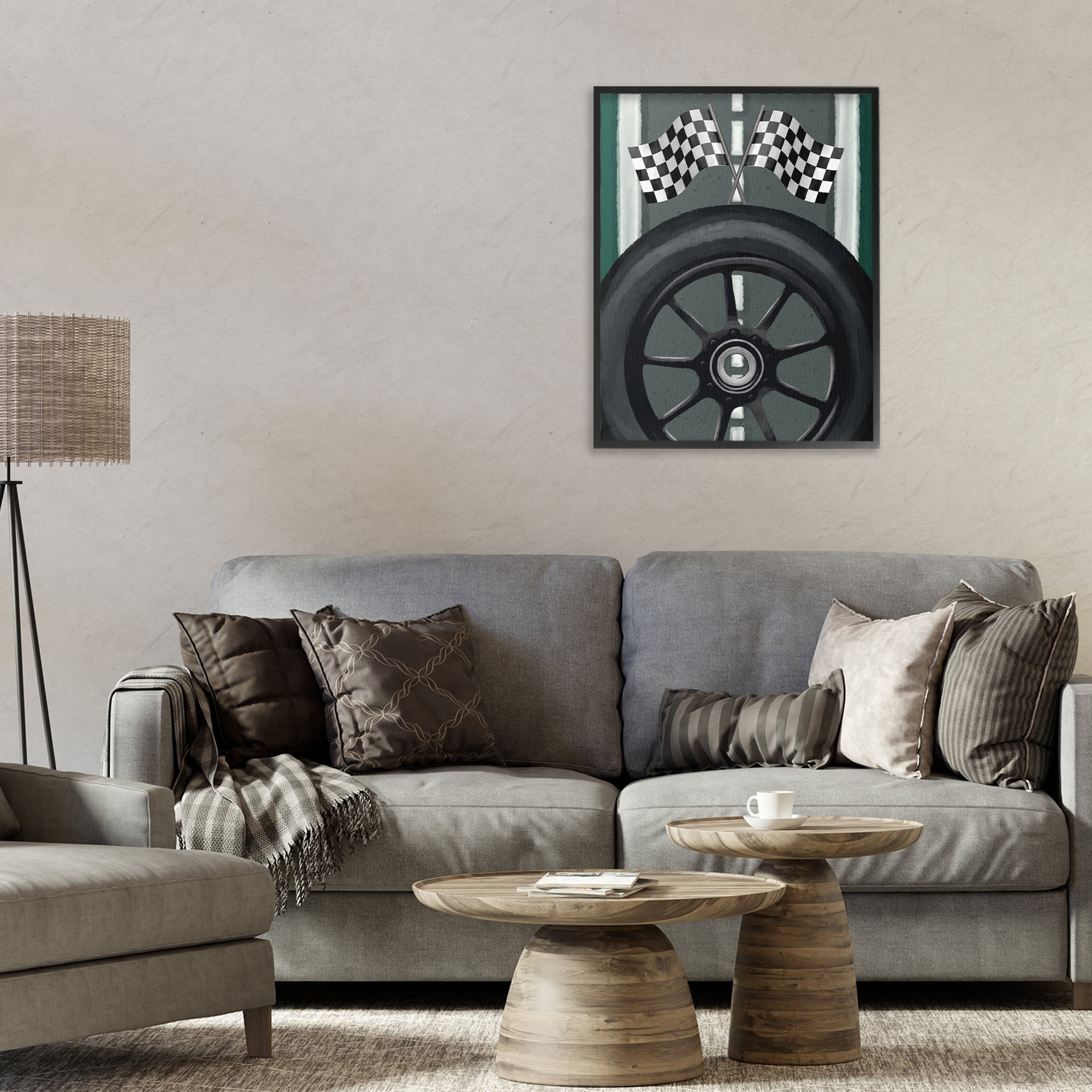 Stupell Industries Racetrack Flags & Tire Black Framed Giclee Art, design by Jennifer Stith