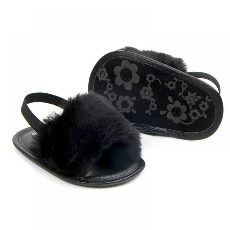 Black Faux Fur Strap Slides