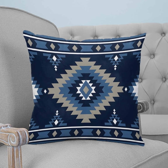 Blue Boho Throw Pillow Covers, Soft Pillowcases with Invisible Zipper, Aztec Southwest Abstract Geometric Motifs Decorative Square Pillow Cushion Covers for Living Room Couch Sofa Bed 20x20 Inches