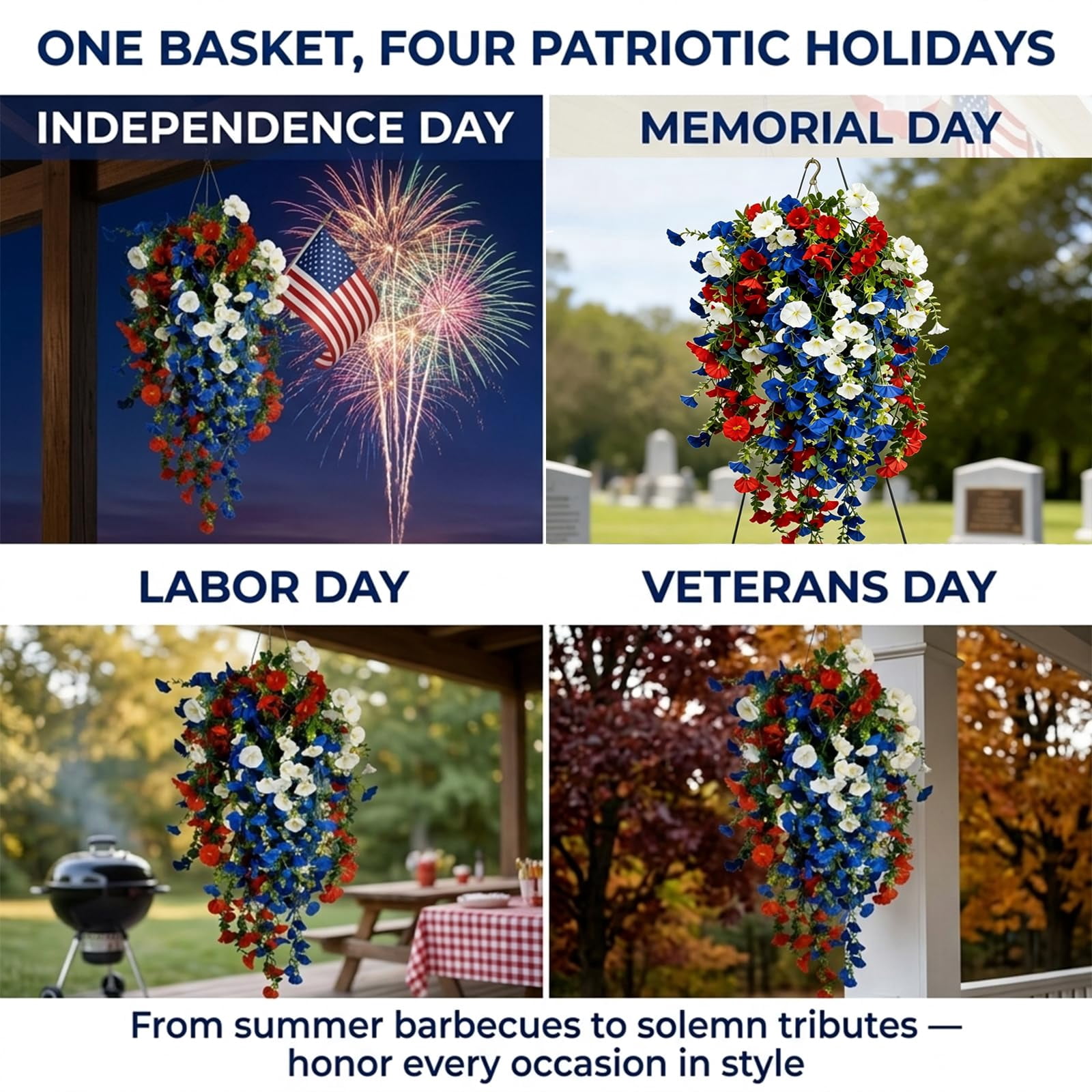 Patriotic Hanging Flower Baskets, 4th of July Decoration Tricolor Patriotic Artificial Flower, Large Hanging Baskets with Artificial Flowers Red White Blue, for Porch, Yard, Table
