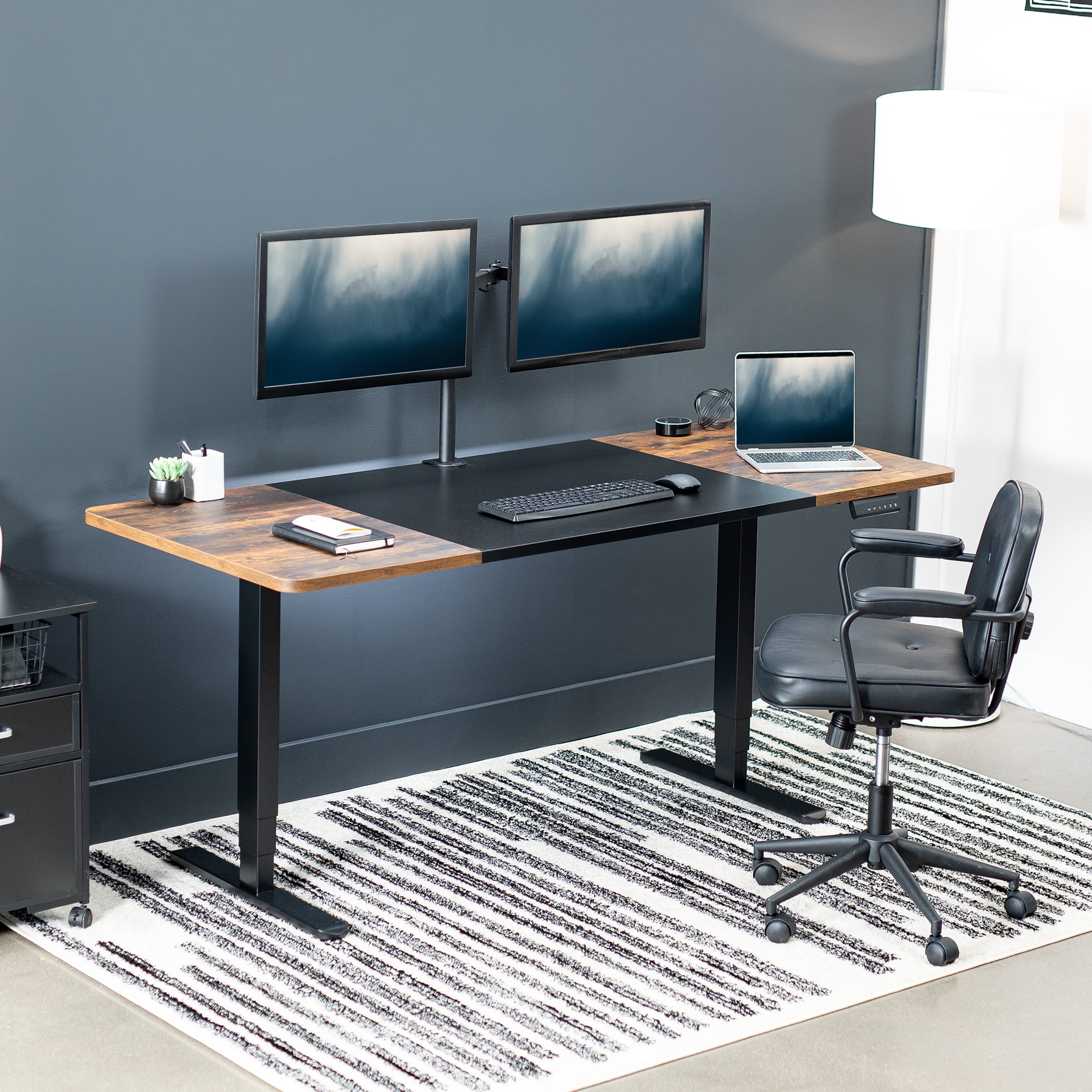 VIVO Electric 71” x 30” Desk, Black & Vintage Brown Table Top, Black Frame