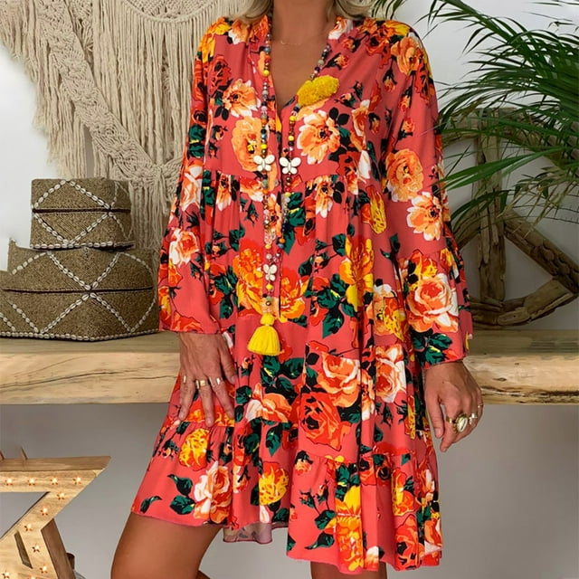 LSLJS Robe Mini à Manches Trois-Quarts Imprimée Ample pour Femmes, Robe d'Été Grande Taille Cadeaux pour Femmes