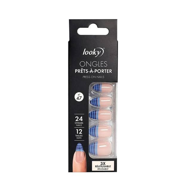 Looky Press On Nails Set #47 | 24 Pcs of 12 Sizes Ready-to-Wear False Nails | With Nail Glue & Stickers, Manicure Stick Included | Durable Fake Nail Kit for Quick Glam Looks | Easy Application