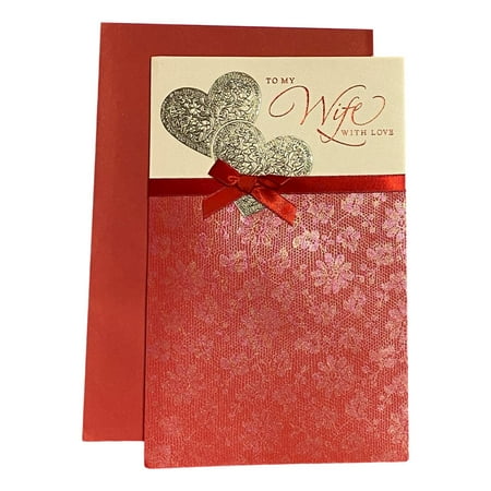 Valentine's Day Greeting Card for Wife - To My Wife With Love - Deluxe, Tipped Insert, Foil Accents, Metallic Lettering, Ribbon; Heart