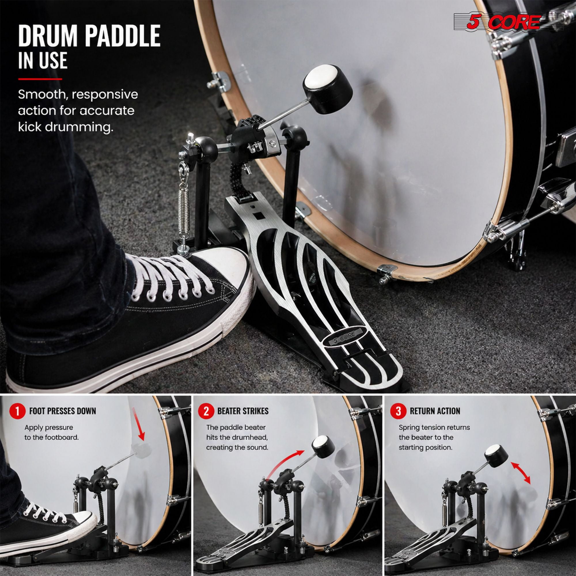 5 Core Bass Drum Pedal Mount Adjustable Felt Beater Head Single Chain Heavyduty Kick Drum Foot Pedal