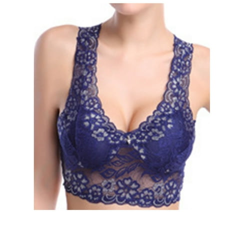 Savings SMihono Women s Sexy Racerback Lace Plunge Bralette Padded Bra Top Racerback Bralette - Wireless Lace Bralette for Women Blue L