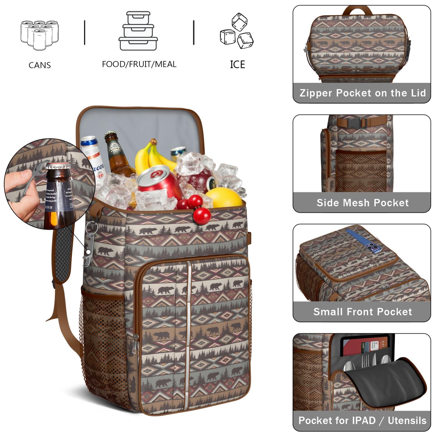Travel Cooler Bag - Boho Bohemia Pioneer Flower Geometric Line Art Camping Beer Cooler Backpack with Bottle Opener- Waterproof Insulated Picnic Backpacks - Cooler Bag for Beach