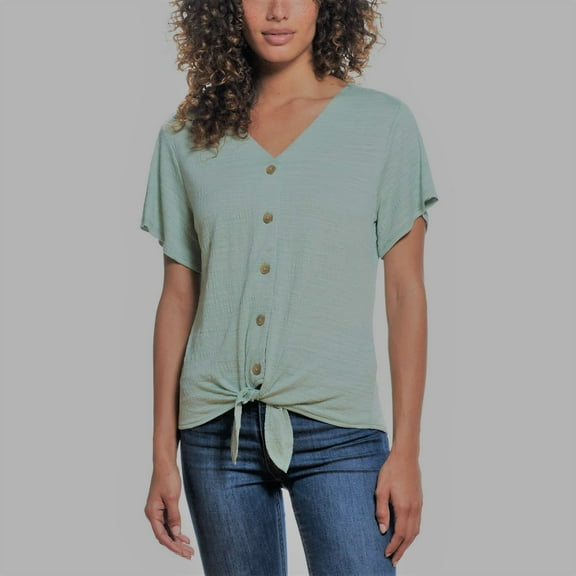 Weatherproof Vintage Woman's Tie Front Blouse Size: L, Color: Granite Green