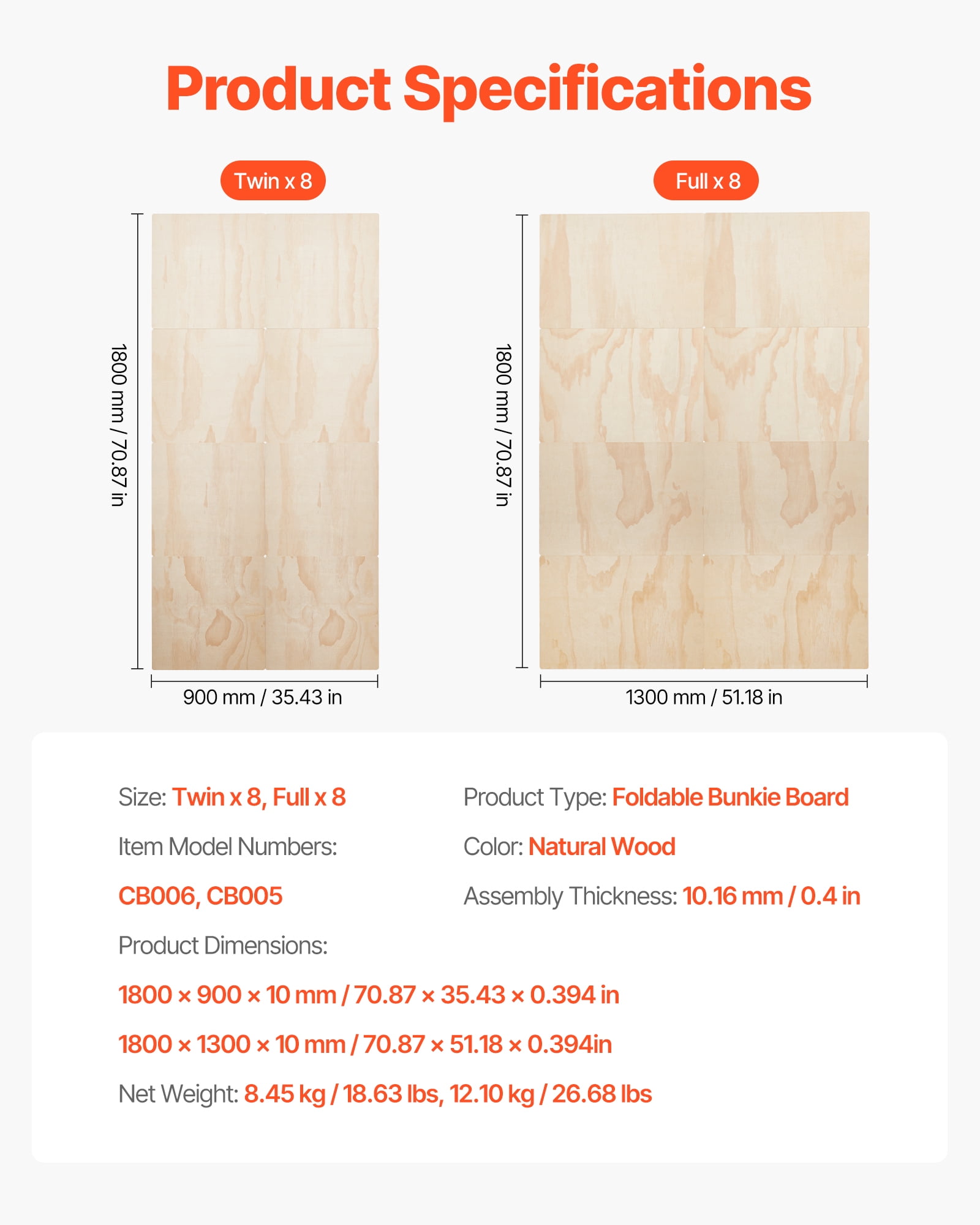 VEVOR Full Size Bunkie Board, 0.4 in Foldable Bed Board Slats with Connection, Wooden Mattress Support for Full Size Bed, Support under Mattress Boards, Ready to Use, 8 Piece, Burlywood