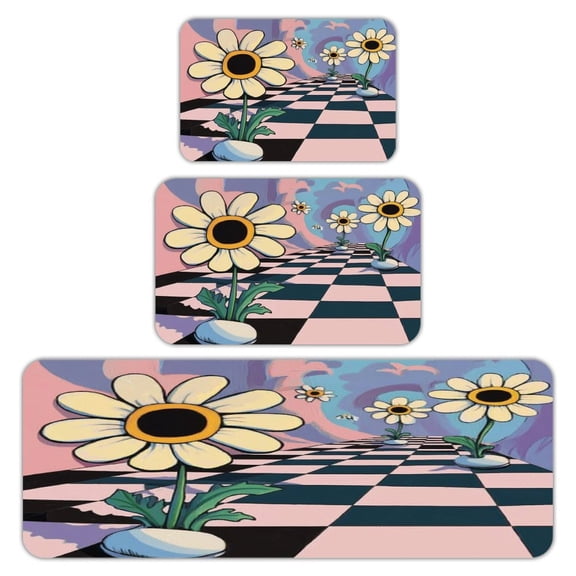 RKSupls Kitchen Rug Set 3 Piece Anti-Slip Flannel Floor Mats, Daisy Flowers Checkered Floor Washable Absorbent Runner Mats for Kitchen Bathroom Home Decor