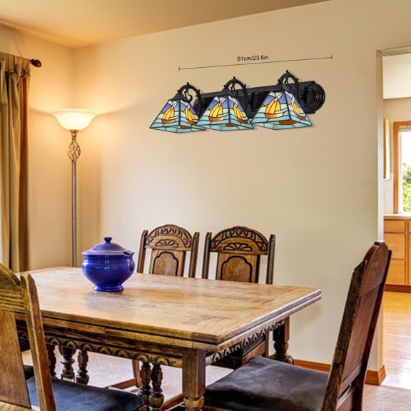 Tiffany Style Wall Sconce, 3-Light Vintage Wall Lamp Fixture with Stained Glass Shade, Sailboat Patterns