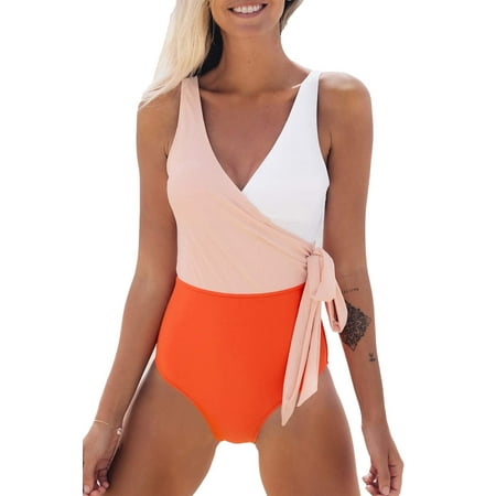 Cupshe Women's Orange Color Block One Piece Swimsuit Plunging Knotted Monokini