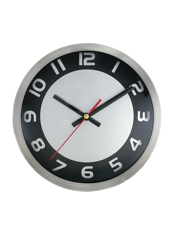Timekeeper 2253SB 9-In. Black and Silver Wall Clock with Black and Red Hands and Brushed Metal Rim