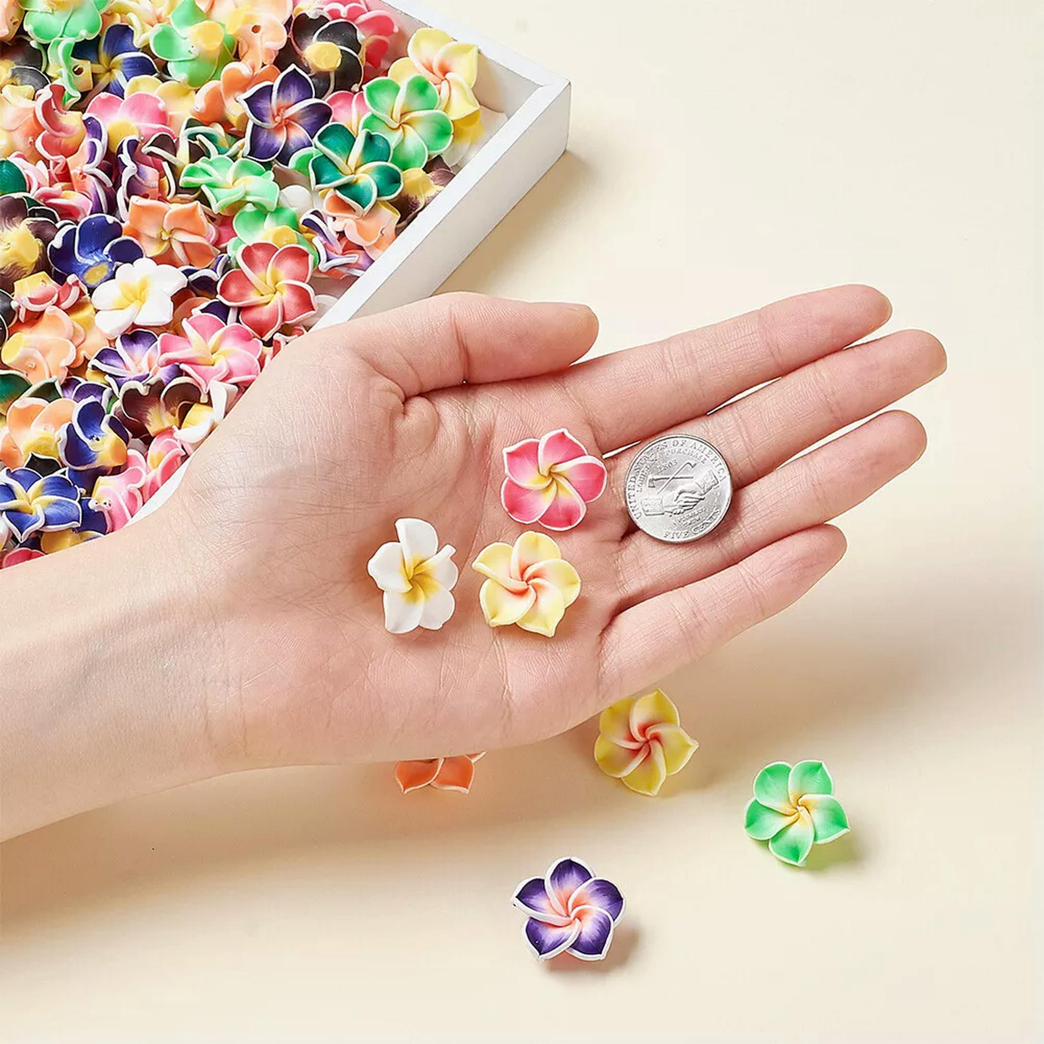U8MO 200pcs Handmade Polymer Clay 3D Flower Plumeria Beads Mini Spacer Craft 20x10mm