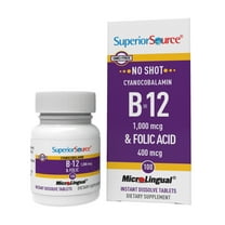 Superior Source No Shot Vitamin B-12 Cyanocobalamin 1000 mcg & Folic Acid 400 mcg - Offers Energy, Heart, Brain, & Stress Support - 100 Sublingual Dissolving Tablets