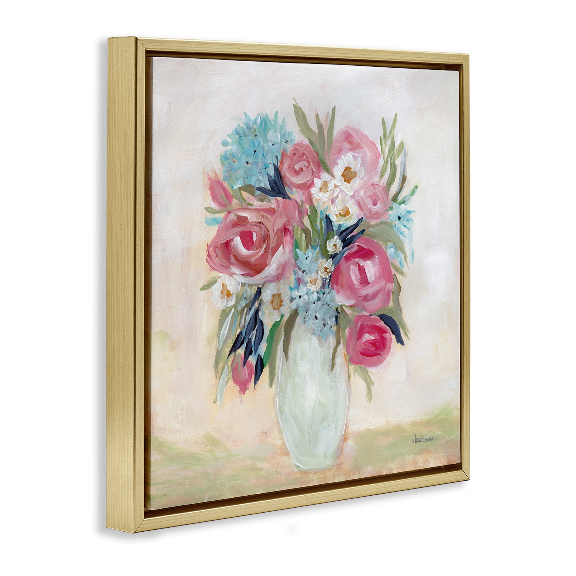 Stupell Industries Drooping Pink Roses Plants & Flowers Painting Gold Floater Framed Canvas Art Print Wall Art, 18 x 18