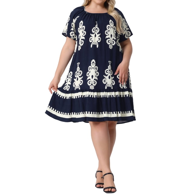 Vestidos Boho de Talla Grande para Mujeres Agnes Orinda, con Pliegues, Cuello Redondo, Manga Corta, Corte Acampanado, Fluidos, Casual de Verano, Midi, Vestido de Sol 2X Azul