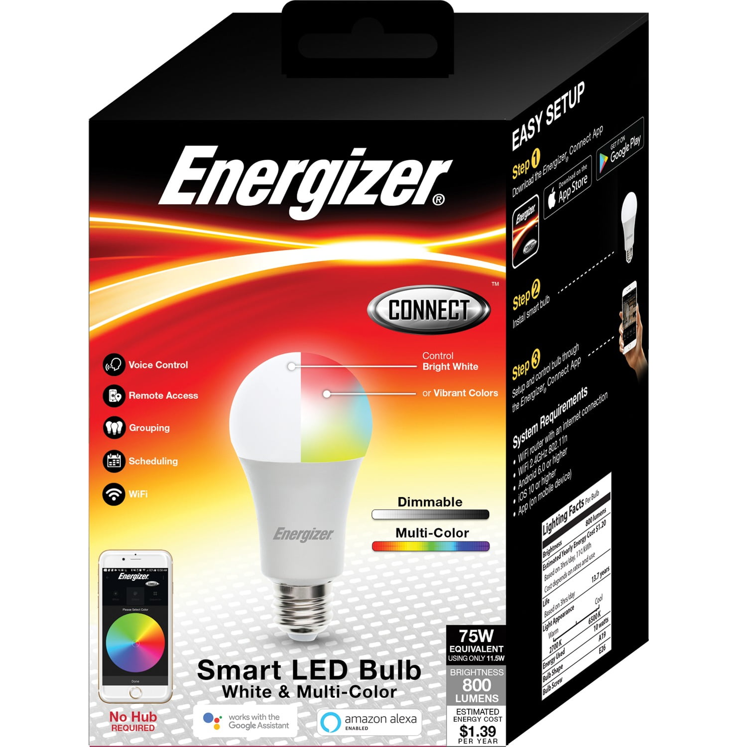 Energizer Connect EAC21002RGB A19 Smart Bright White and Multicolor