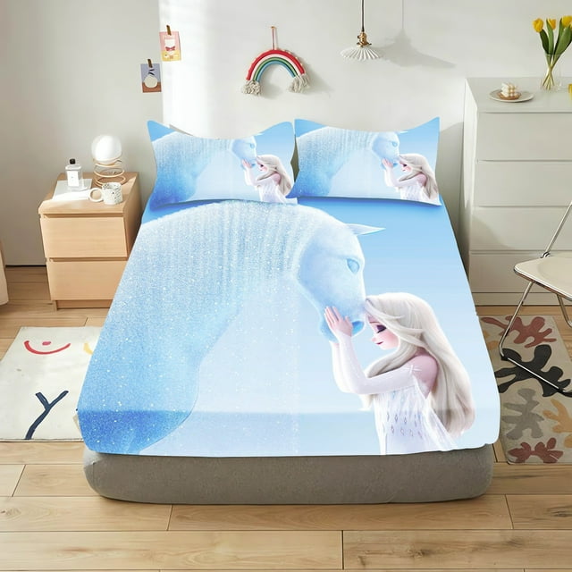Ensemble de Literie Imprimé Frozen 2/3 Pcs Drap-Housse 100 % Polyester Décoration Maison Anime pour Enfants et Adultes