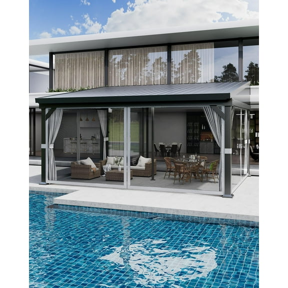 Pinypikaka 12'x16' Wall-Mounted Hardtop Gazebo with Aluminum Frame & Galvanized Steel Roof – Lean-to Patio Pergola with Gutters, Mosquito Netting & Privacy Curtains, for Backyard, Deck, or Carport
