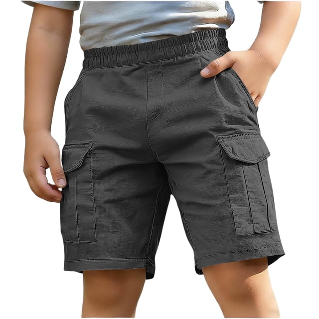 Hinvhai Boys' Textured Cargo Shorts, Elastic Waist Utility Shorts with Multiple Pockets, Durable Casual Shorts Dark Gray 7 Years