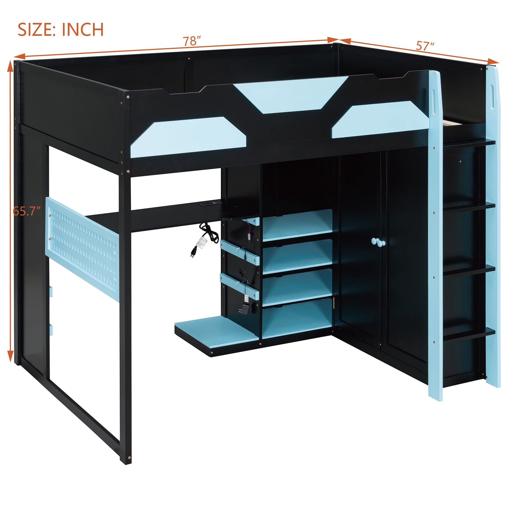 Mintazer Full Gaming Loft Bed with Adjustable Desk & Wardrobe, Modern Loft Bed with RGB Lights & Storage Pegboard, Black & Blue