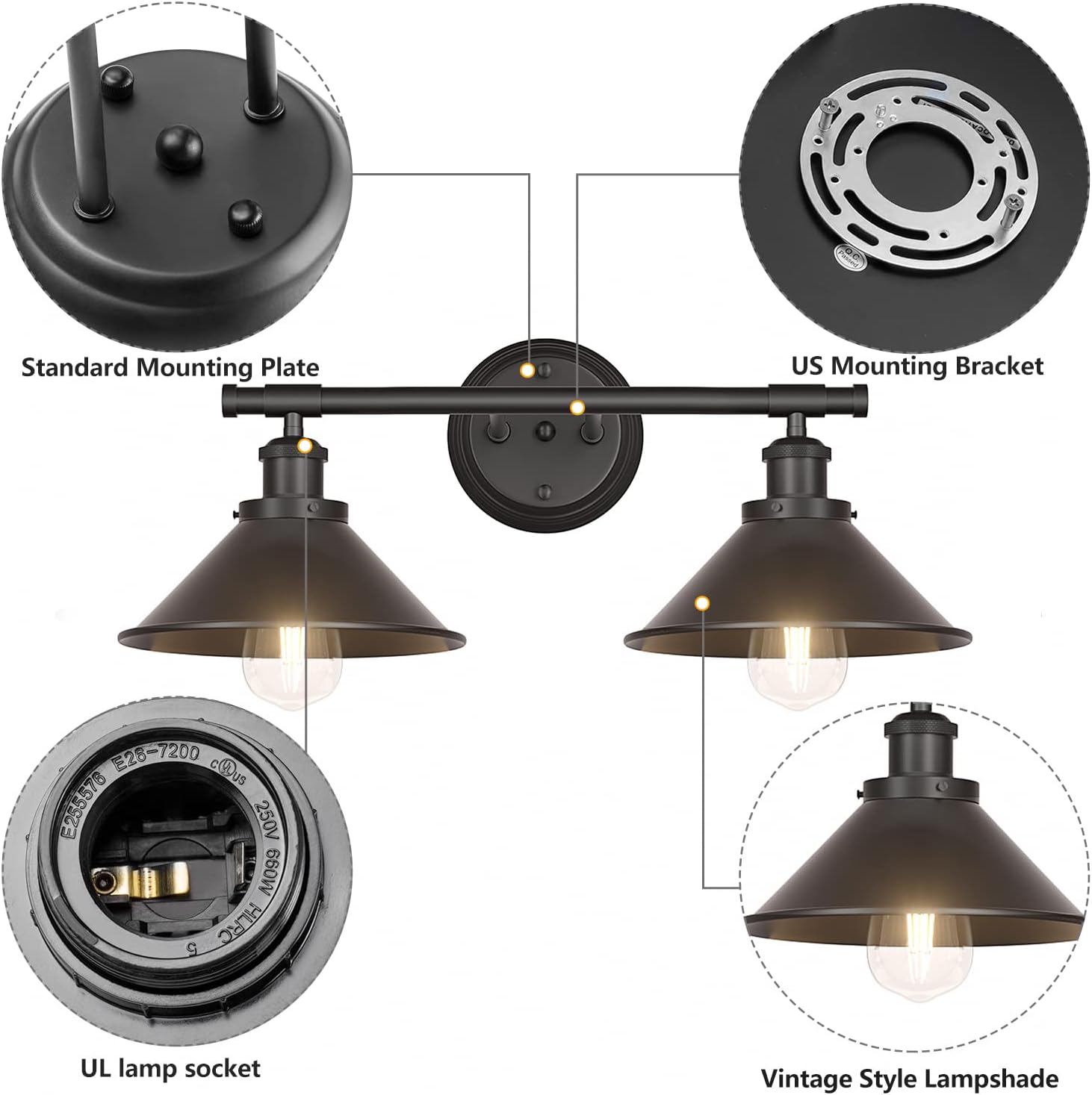 Modern Farmhouse Wall Scones 2-Light Vanity Light Bathroom Light Fixtures, Black