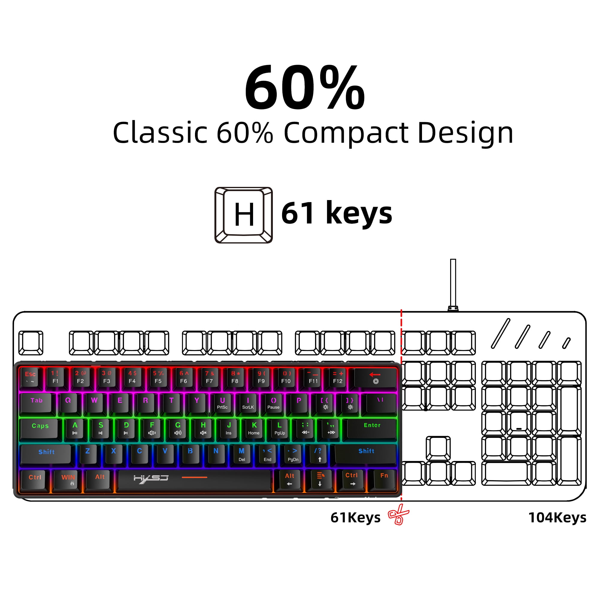 UHM 60% Wired Mechanical Gaming Keyboard,RGB Backlit Mini Keyboard with Blue Switch/Multimedia Keys,Waterproof Small Ultra-Compact 61 Keys Keyboard for PC/Mac Gamer,Typist,Travel,Black