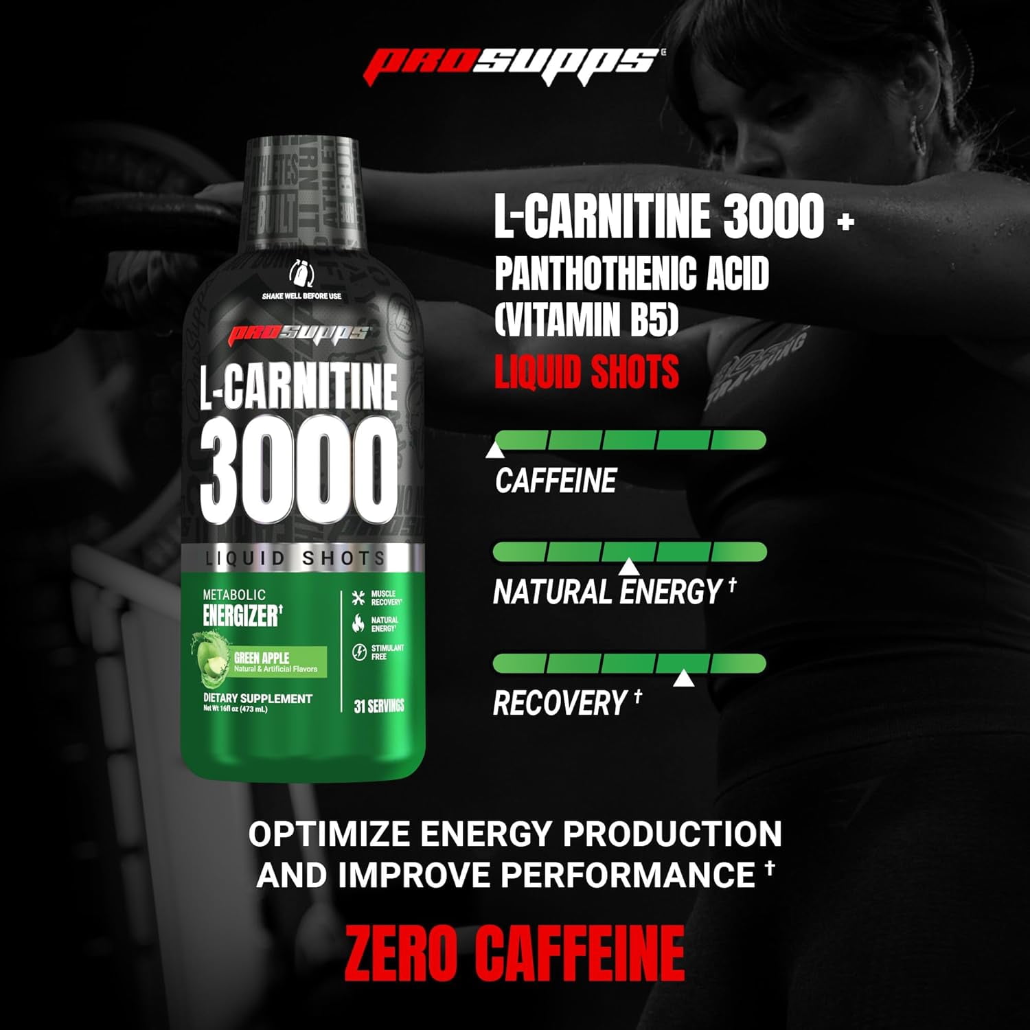 PROSUPPS L-Carnitine 3000ml Stimulant Free Liquid Shots for Men & Women (31 Servings, Green Apple)