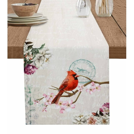 

Spring Red Bird Table Runner Summer Vintage Branch Floral Beige Tablerunners 13 x 70 Inch Table Decorations Tabletop Scarf for Summer Gathering Holiday Farmhouse Kitchen Dining Decor