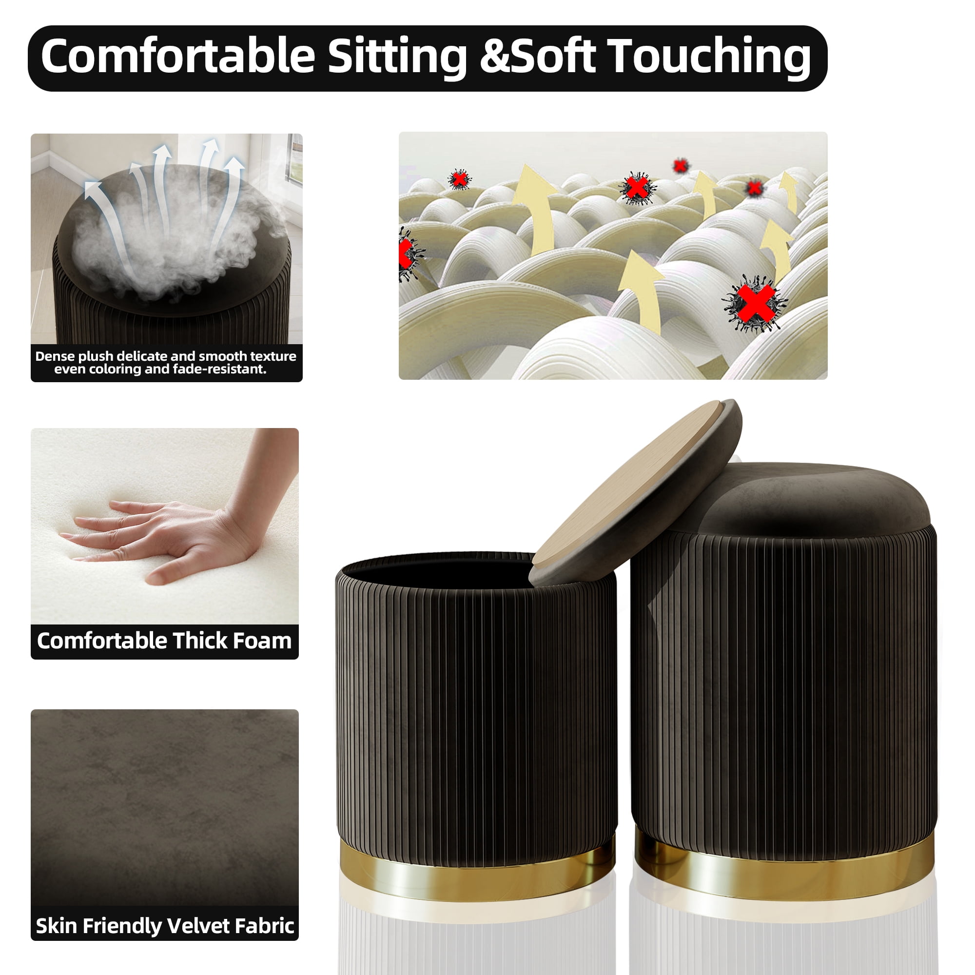 Caroeas 2 Pack Round Ottoman with Storage, Upholstered Velvet Storage Ottoman with Gold Trim, Vanity Stool for Makeup, Ottoman Foot Rest for Living Room, Bedroom, Black