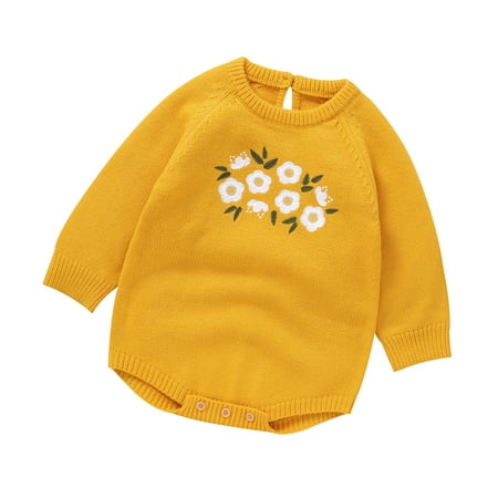 

Girls Jumpsuits Embroidery Floral Pattern Knit Sweater Romper Sweatshirt Long Sleeve Warm Jumper for Kids