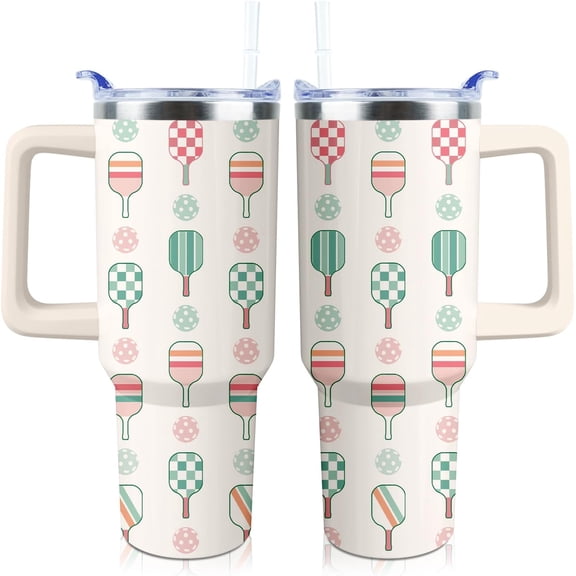 Pickleball Mug 40 oz Tumbler with Handle and Straw Lid Leak Proof - Pickleball Water Bottle Coffee Mug with Handle Insulated for Hot Cold Ice - Christmas Birthday Gifts for Women Players Lovers Cup