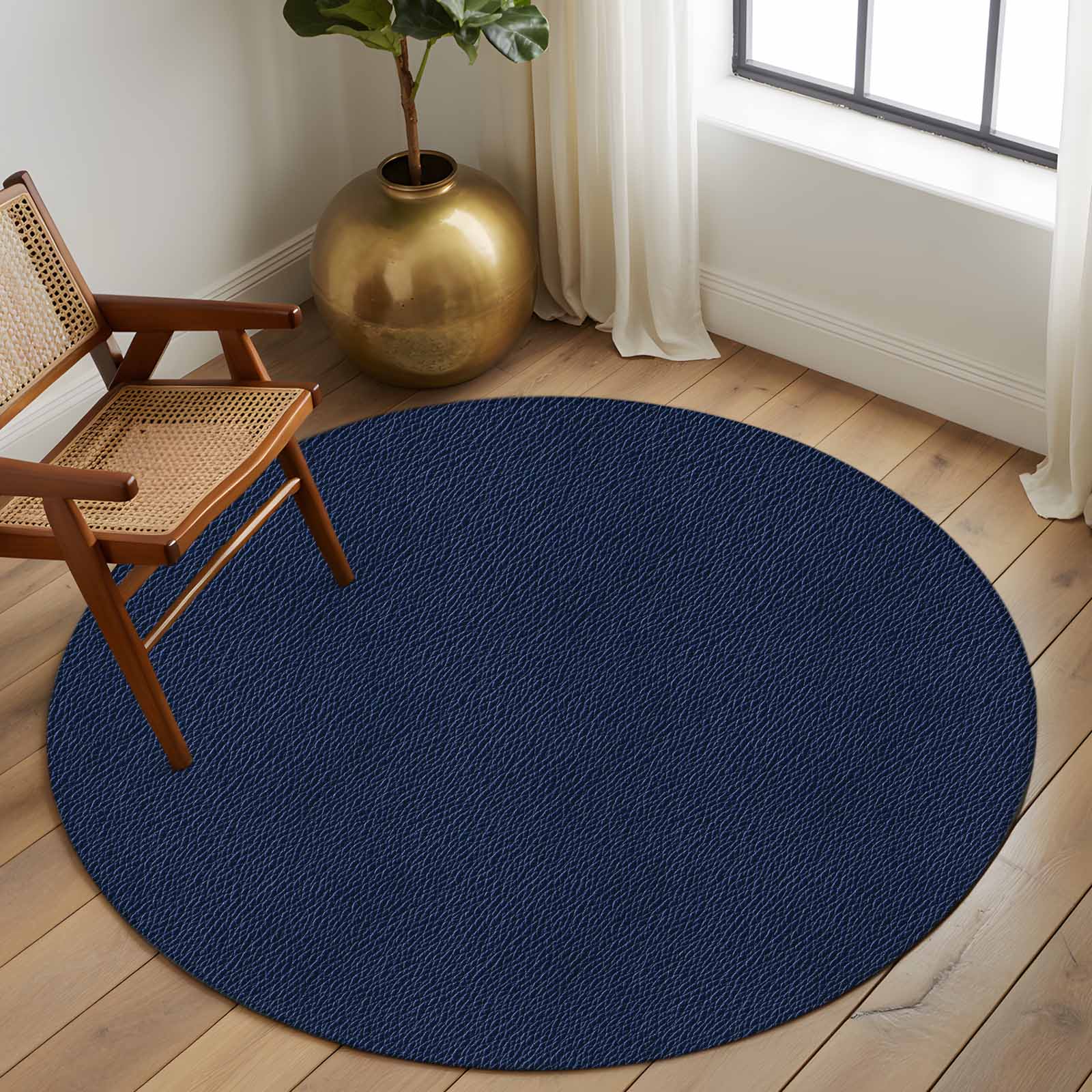Solid Dark Blue Round Rug 5ft Washable Circle Kitchen Rugs Non Slip Minimalism Abstract Denim Texture Large Area Rug Indoor Floor Carpet for Bedroom Living Room Home Office Dining Room Nursery