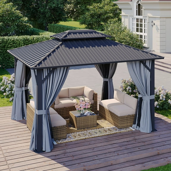 Sumnthink 10'x12' Hardtop Gazebo, Steel Double Galvanized Top Canopy, Aluminum Frame Permanent Pavilion Metal Gazebo with Netting and Curtains, for Patio, Garden, Lawn