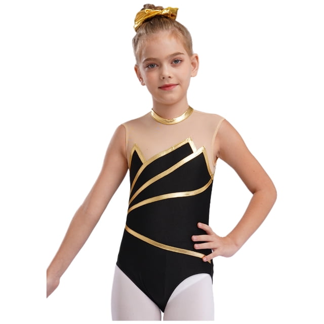 Sxiwei Kids Girls 2Pcs Gymnastics Dance Outfits Sleeveless Keyhole Back Leotard with Pants Set Gold 12
