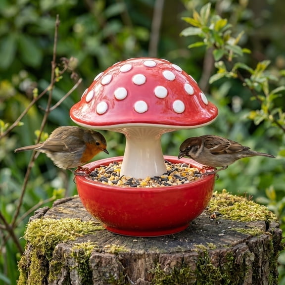 Outdoor Bird Feeder, Bird Seed Feeder, Mushroom Garden Decor, Whimsical Garden Decor, Pink 3.5X4.5 Inch Mushroom Shaped Bird Feeder with Open Seed Tray for Small Wild Birds
