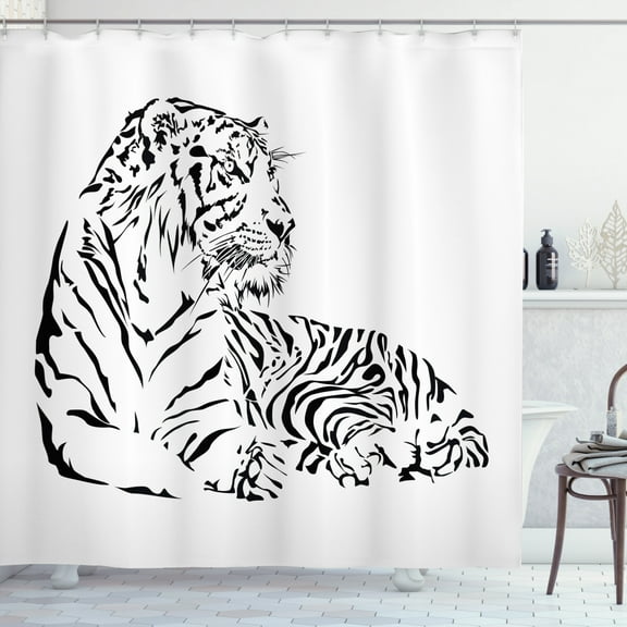Ambesonne White Tiger Shower Curtain, Savannah Animal Sitting, 69"Wx84"L, White and Black