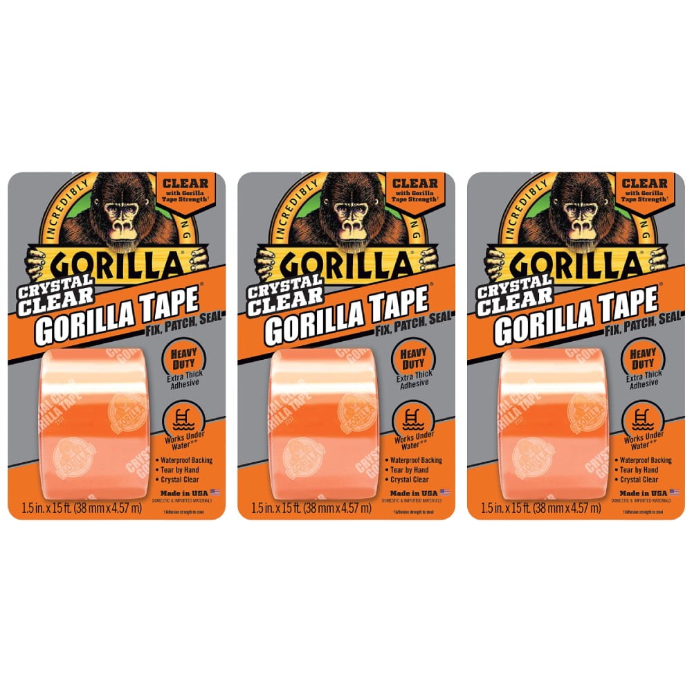 Gorilla Tape Crystal Clear Repair Tape Incredibly Strong Flexible Underwater UV Temperature Resistant Extra Thick Adhesive Non-Yellowing Indoor Outdoor 1.5in x 15ft Roll Made in USA, 3-Pack