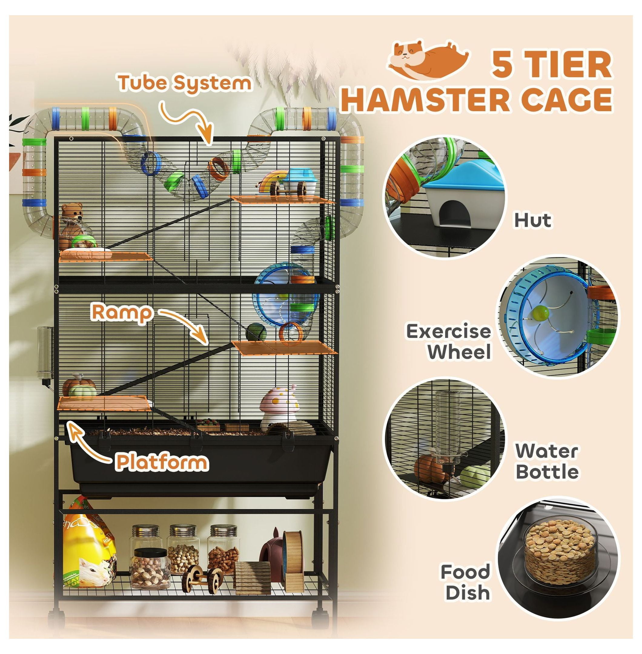 Hamster Cage 5 Tier, Rat Cage Rolling with Deep Tray & Shelf, Exercise Wheel & Tubes - Syrian Hamster Gerbil Habitats