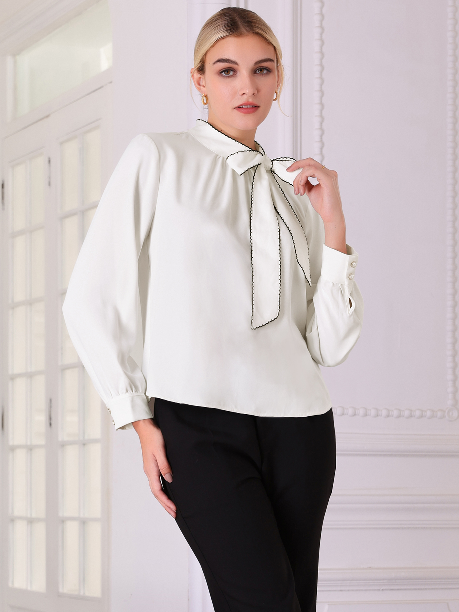 DARING DIVA Women's Elegant Women's Blouse with Bowtie Long Sleeve S White