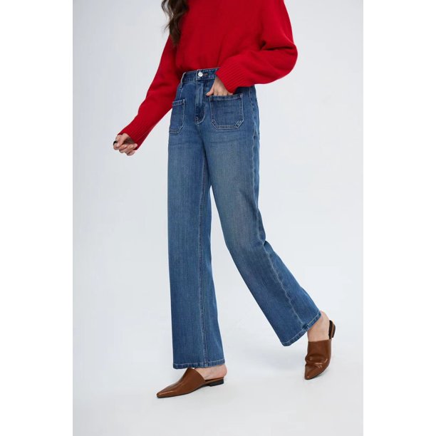 Pantalones vaqueros con bolsillos para mujer, pantalón vaquero recto de cintura alta con temperamento, ropa de calle sencilla Vintage, pantalones elegantes lavados, novedad de 2024
