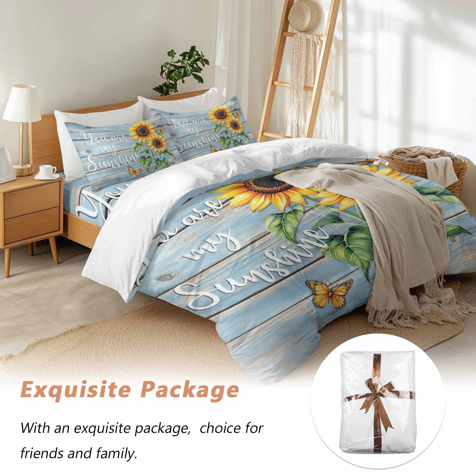 Vintage Sunflower Bedding Duvet Cover Set King 4 Pieces You Are My Sun Shine Butterfly Blue Wood Board Bedding Set with Zipper Closure,1 Comforter Cover 92x106 Inches 1 Flat Sheet & 2 Pillow Cases