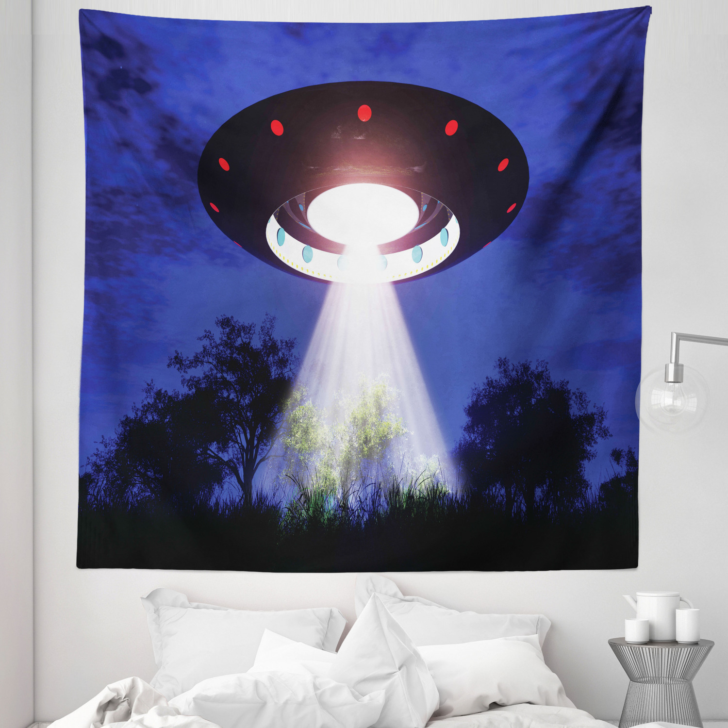 UFO Tapestry, Night Scenery with Aliens Space Travel Science Fiction ...