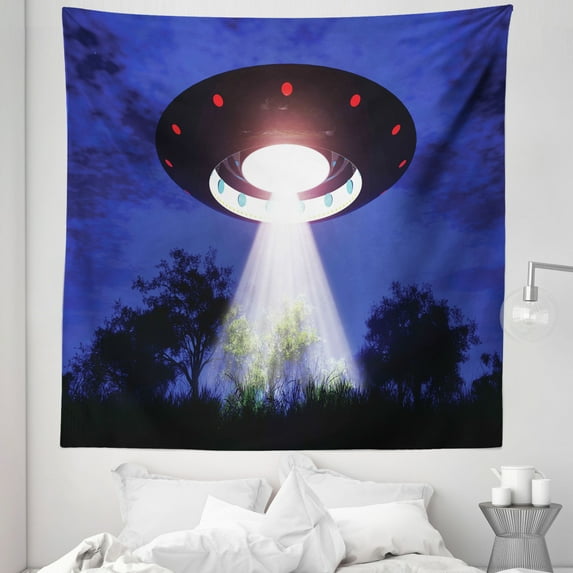 UFO Tapestry, Night Scenery with Aliens Space Travel Science Fiction Themed Composition Woodland, Fabric Wall Hanging Decor for Bedroom Living Room Dorm, 5 Sizes, Multicolor, by Ambesonne