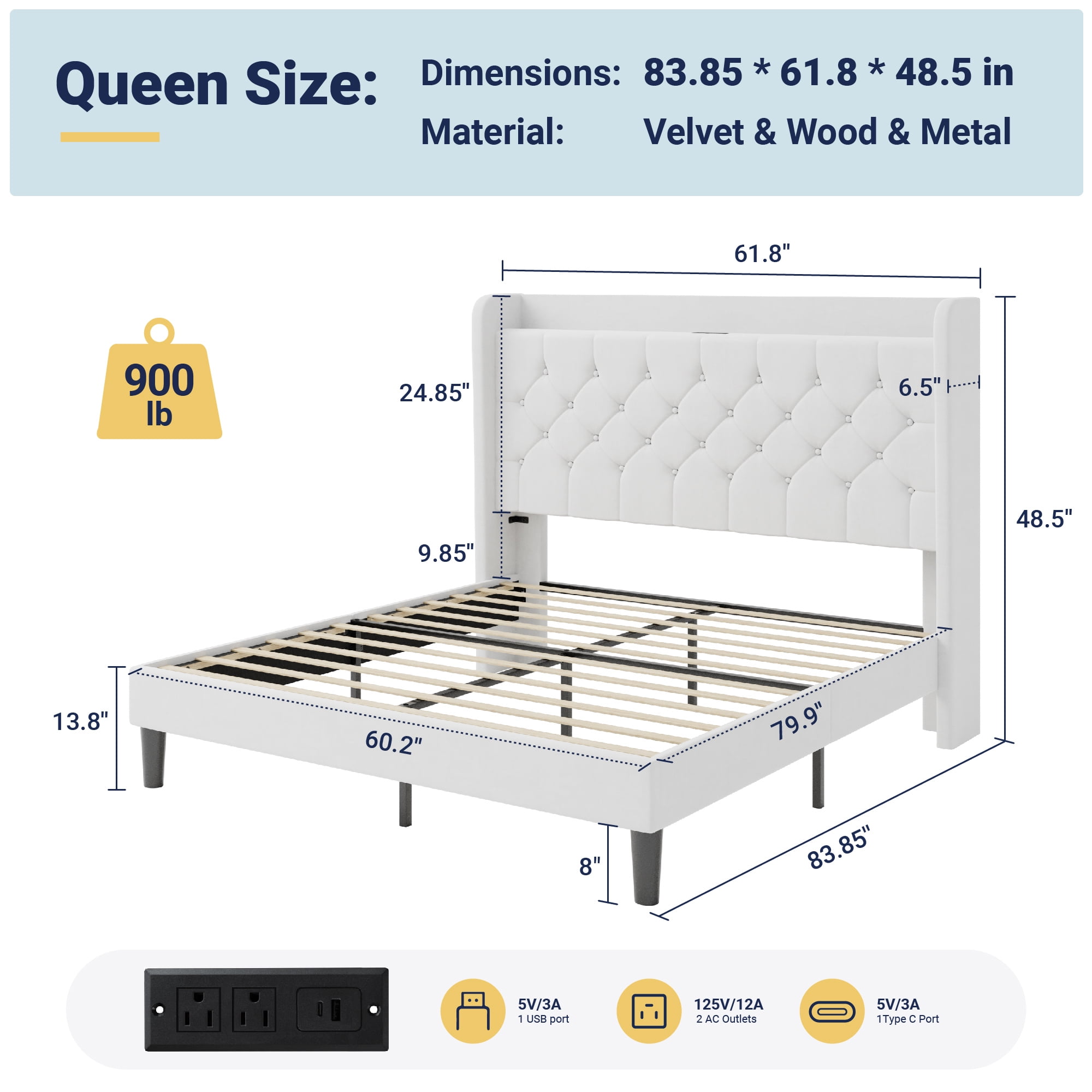 Allewie Queen Size Bed Frame, Storage Headboard with Charging Station, Wingback Velvet Upholstered, Diamond Stitched Button Tufted, Sturdy Wooden Slats, No Box Spring Needed, Easy Assembly, White