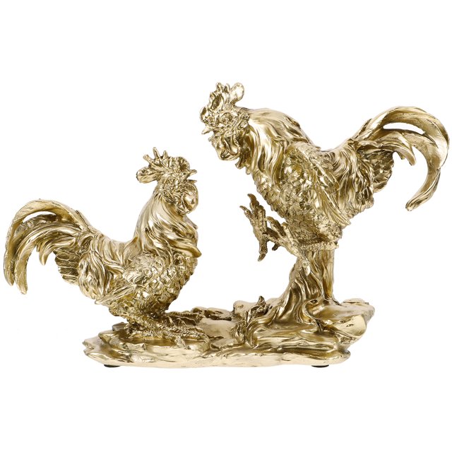 kakowely estatua de gallo de resina, modelo de gallo, escultura, figura de gallo simulado Multicolor — Vista 3/4 frontal de dos gallos en resina con acabado dorado sobre base oval; detalles realistas en cresta, plumas y cola, dimensiones 24.5×15.5×9 cm, ideal para decoración de hogar, jardín o como recurso educativo.