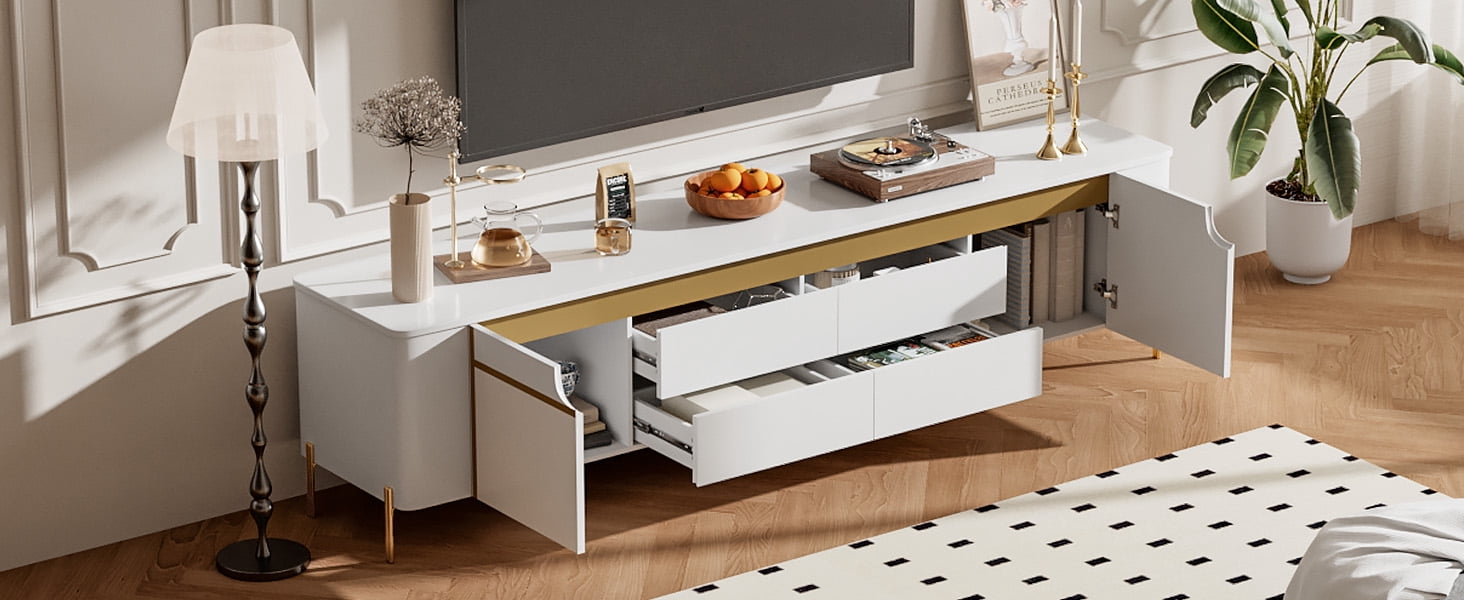 Euroco Light Luxury TV Stand with 2 Cabinets and 4 Drawers – Gold Metal Legs, Cable Management, Concealed Handles – Modern Entertainment Center for Living Room